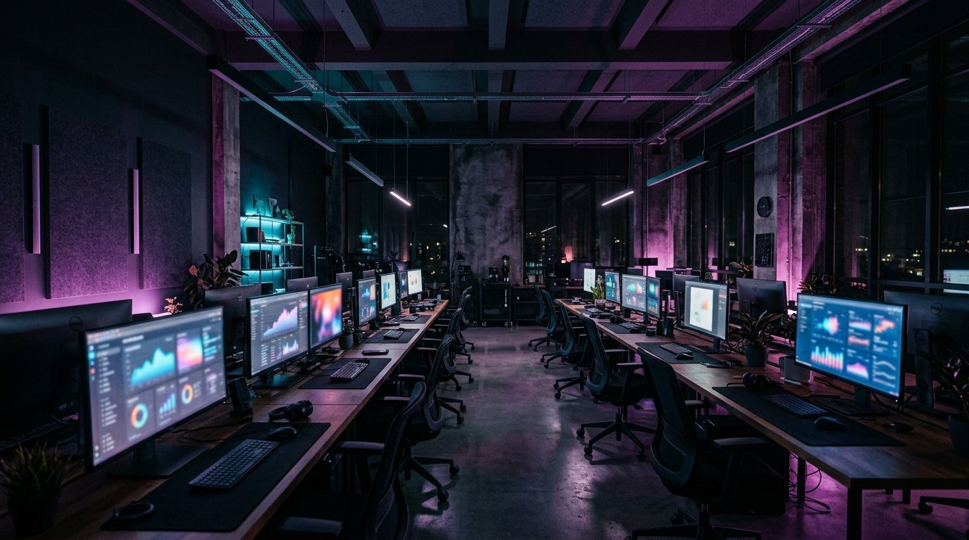 The Pie Technologies studio at night, screens glowing with campaign dashboards
